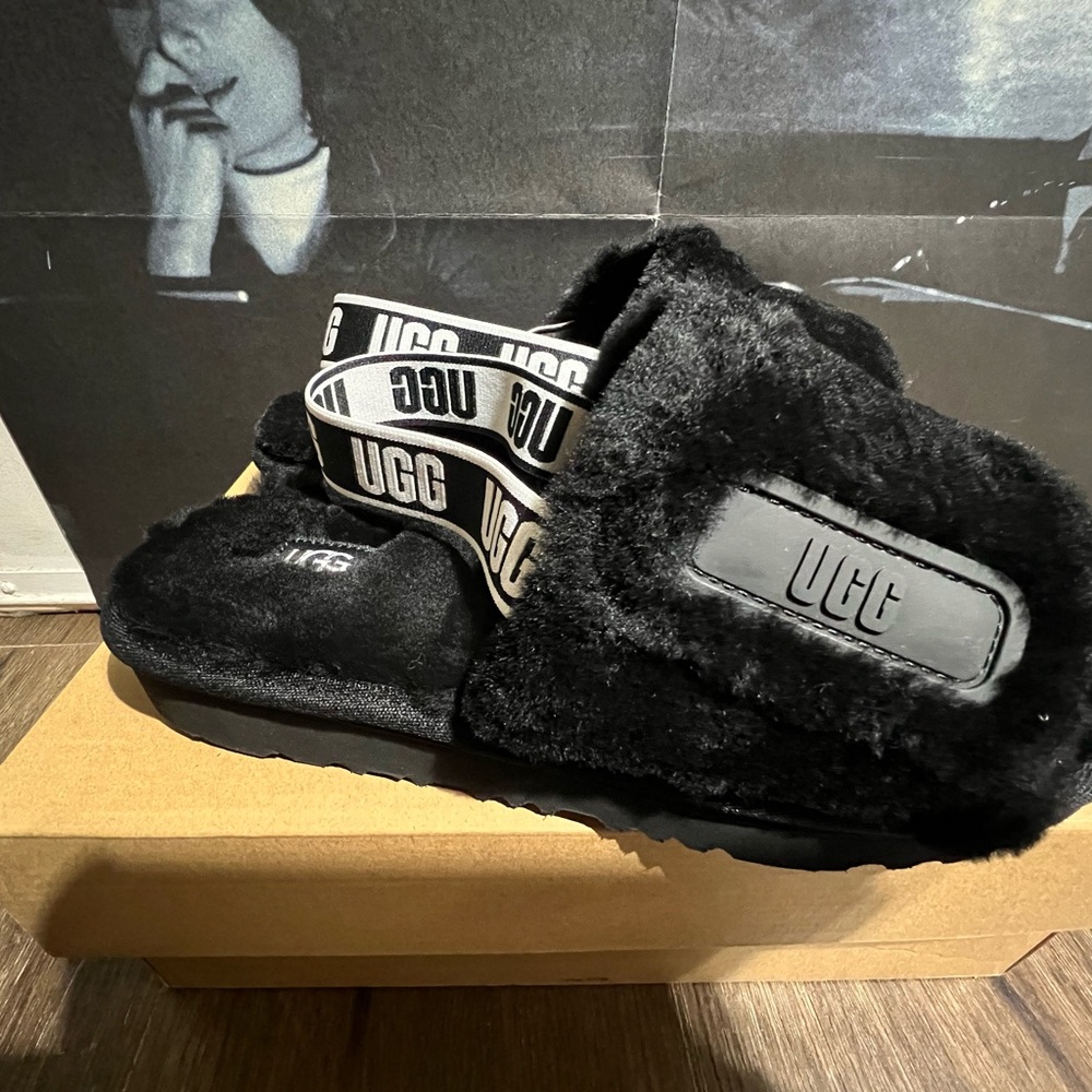 UGG KIDS DISCO SLIDE SLIPPER SANDAL SLINGBACK DIVE BLACK FLUFF WOOL